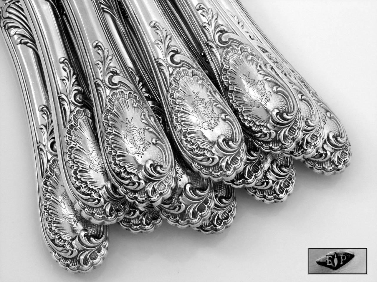 Puiforcat French All Sterling Silver Dessert Entremet Knife Set 12 Piece Rococo 2