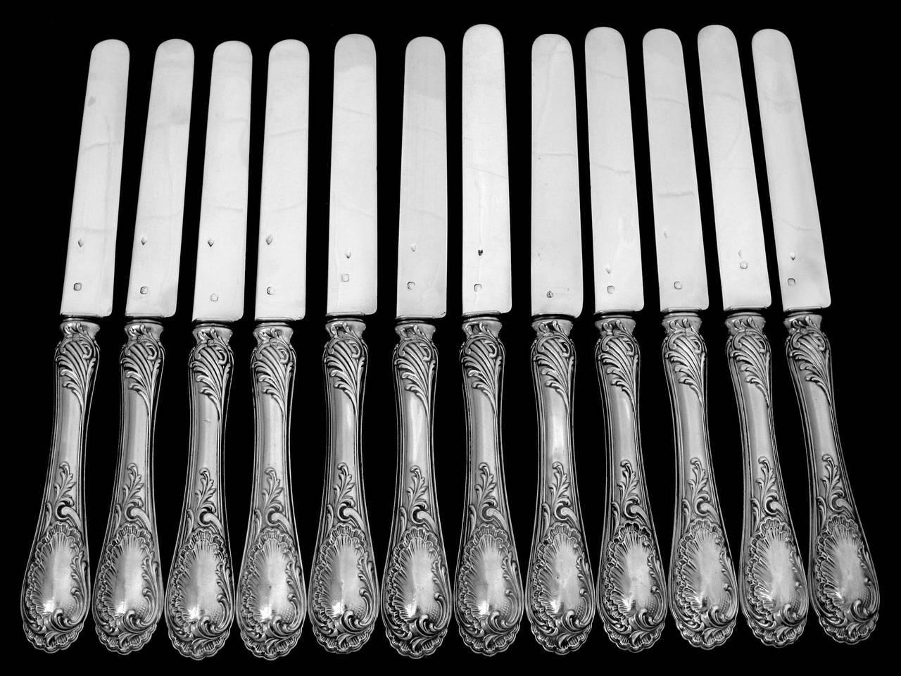Puiforcat French All Sterling Silver Dessert Entremet Knife Set 12 Piece Rococo 3