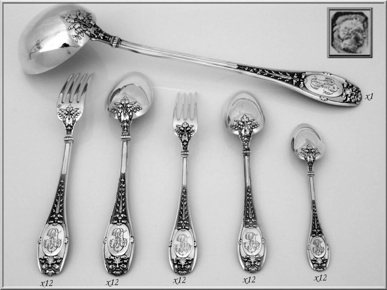 Renaissance Henin Incredible French Sterling Silver Flatware Set of 61 Pieces Mascaron Chest For Sale