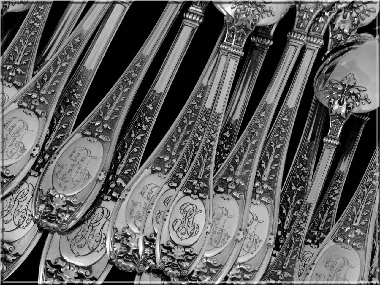 Late 19th Century Henin Incredible French Sterling Silver Flatware Set of 61 Pieces Mascaron Chest For Sale