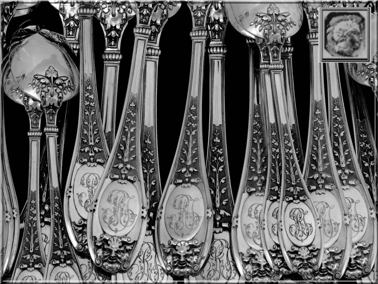 Henin Incredible French Sterling Silver Flatware Set of 61 Pieces Mascaron Chest For Sale 2