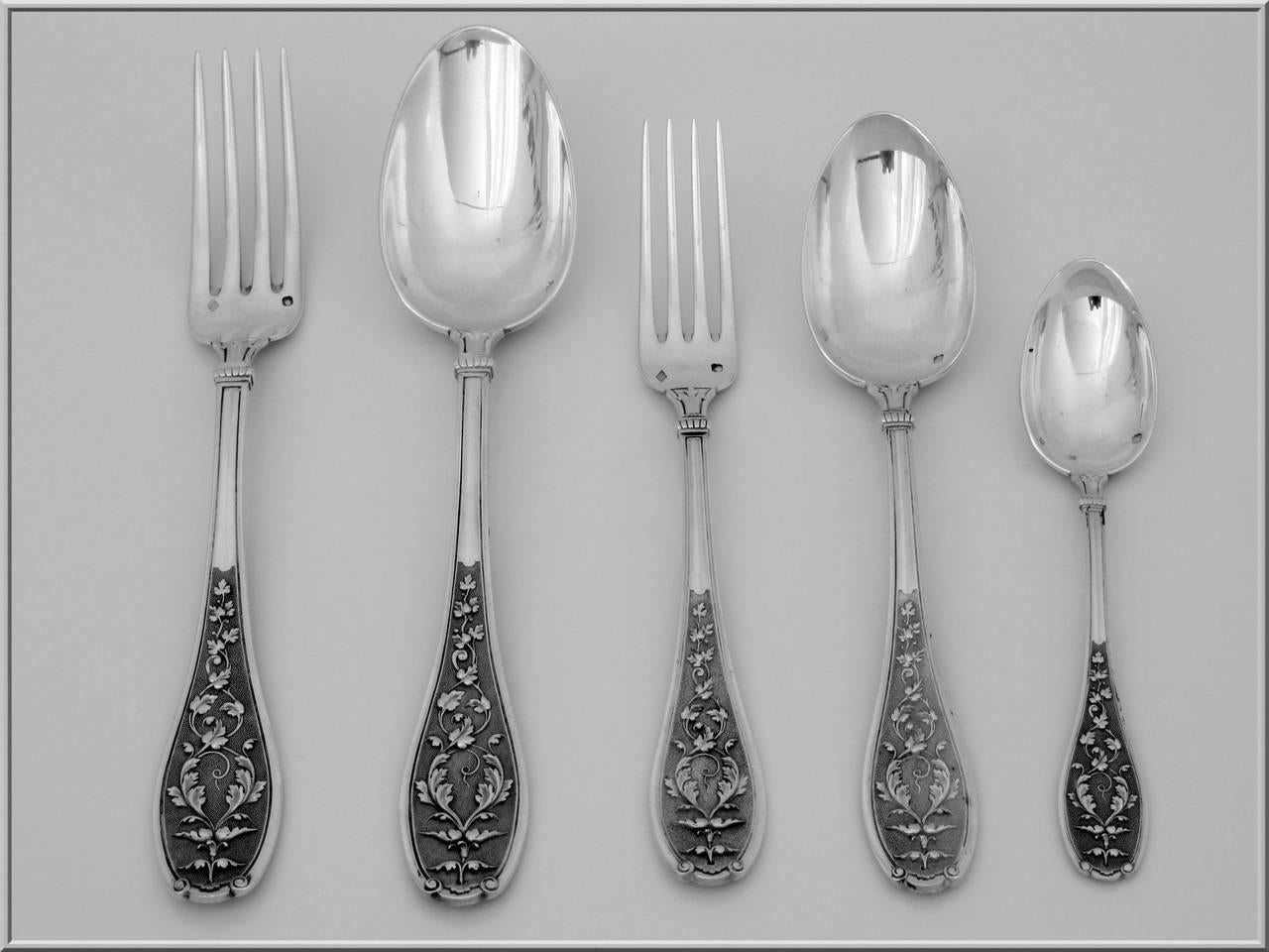 Henin Incredible French Sterling Silver Flatware Set of 61 Pieces Mascaron Chest For Sale 3