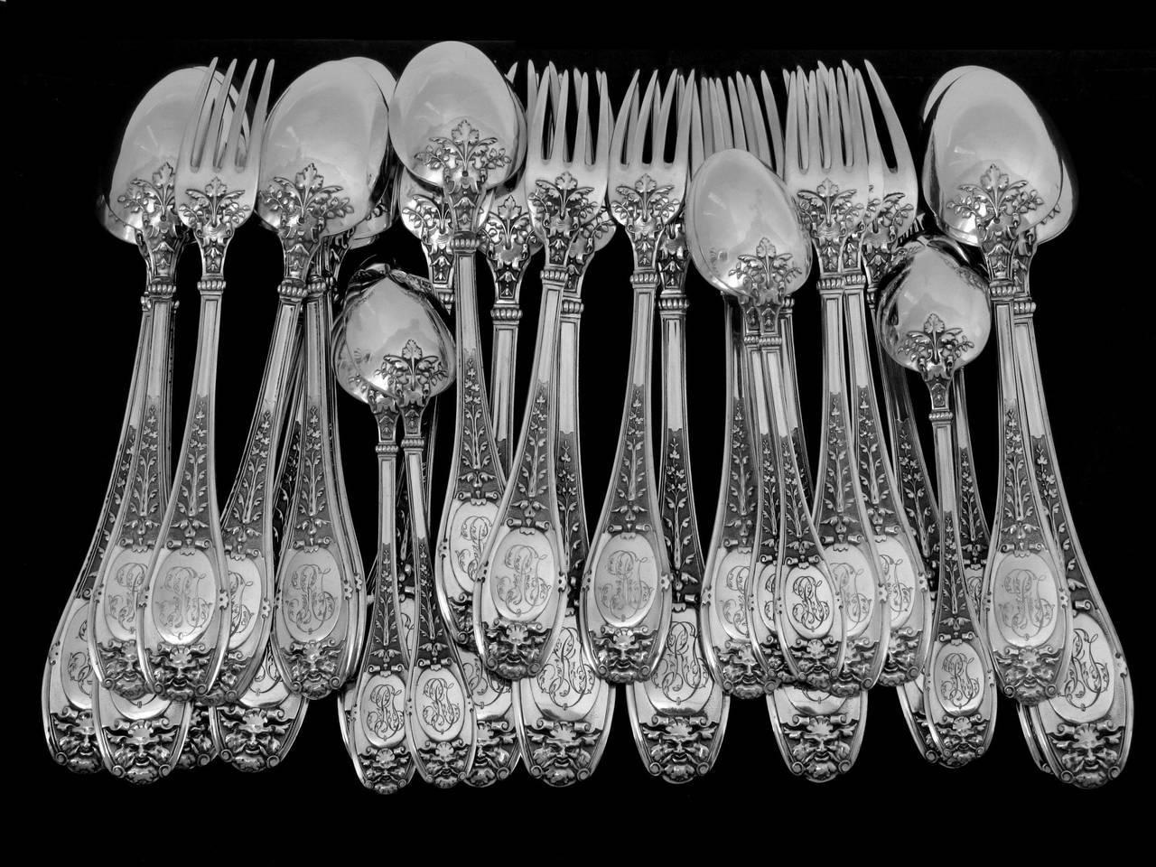 Henin Incredible French Sterling Silver Flatware Set of 61 Pieces Mascaron Chest For Sale 4