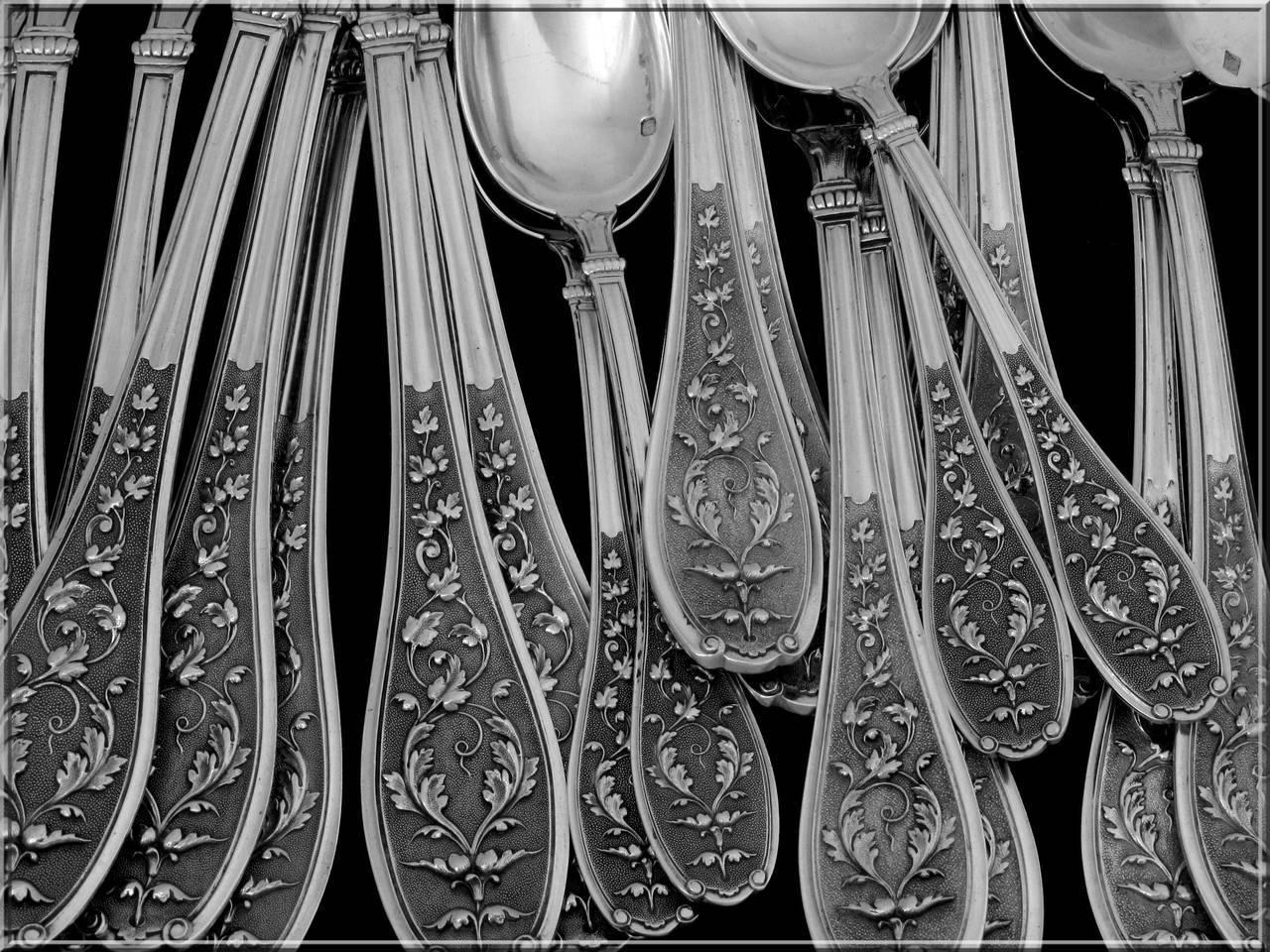 Henin Incredible French Sterling Silver Flatware Set of 61 Pieces Mascaron Chest For Sale 5