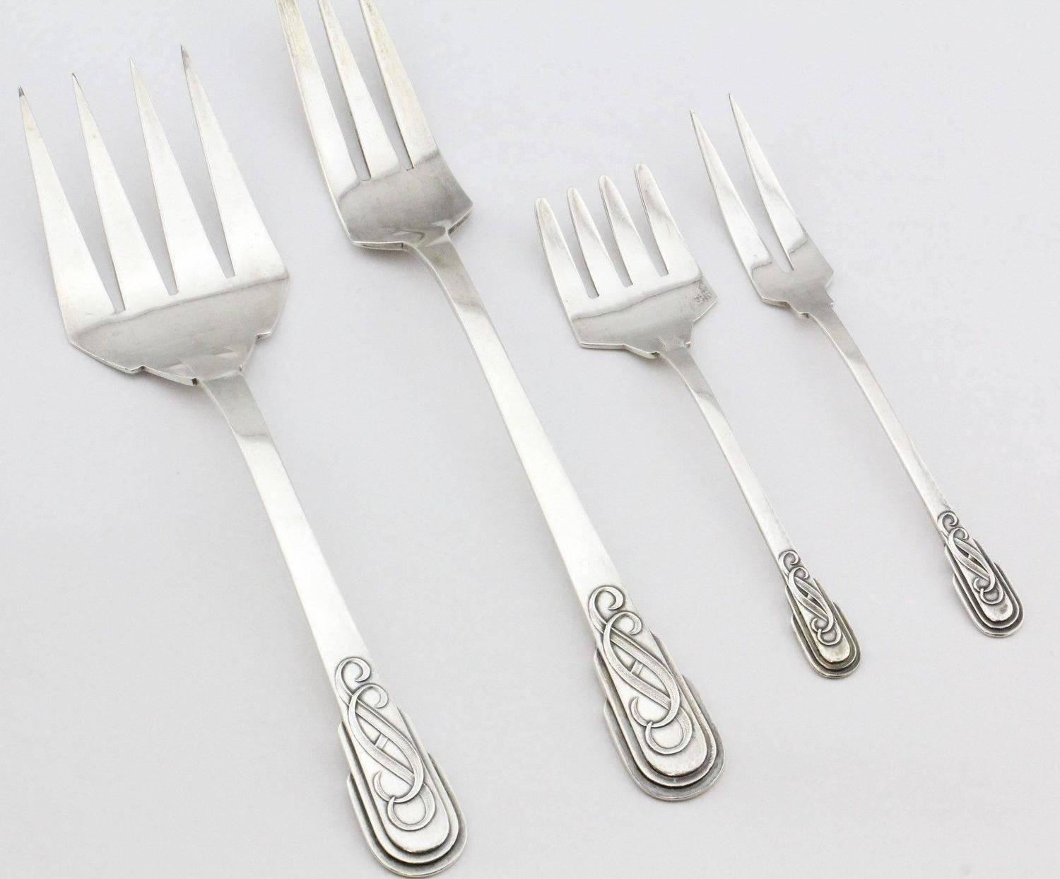 Spanish Silver Art Deco Flatware Service, Jaume Mercade, Barcelona