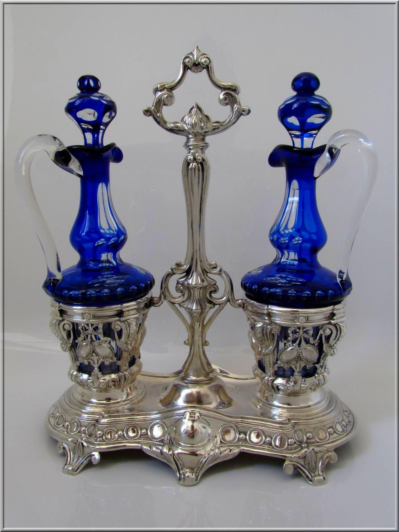 Late 19th Century Imposing French Sterling Silver Oil and Vinegar Cruet Set Baccarat Cobalt Blue