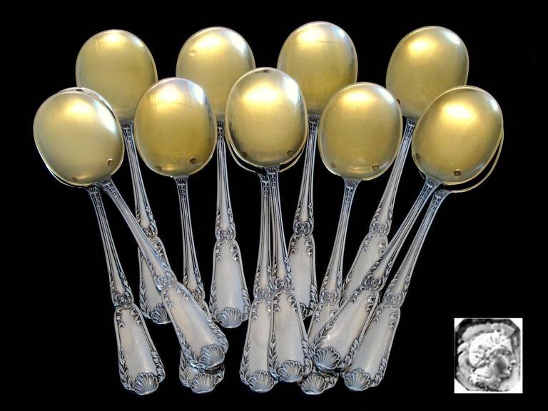 French Sterling Silver 18K Gold Ice Cream Spoons 12Pieces Set Puiforcat Model For Sale at 1stdibs