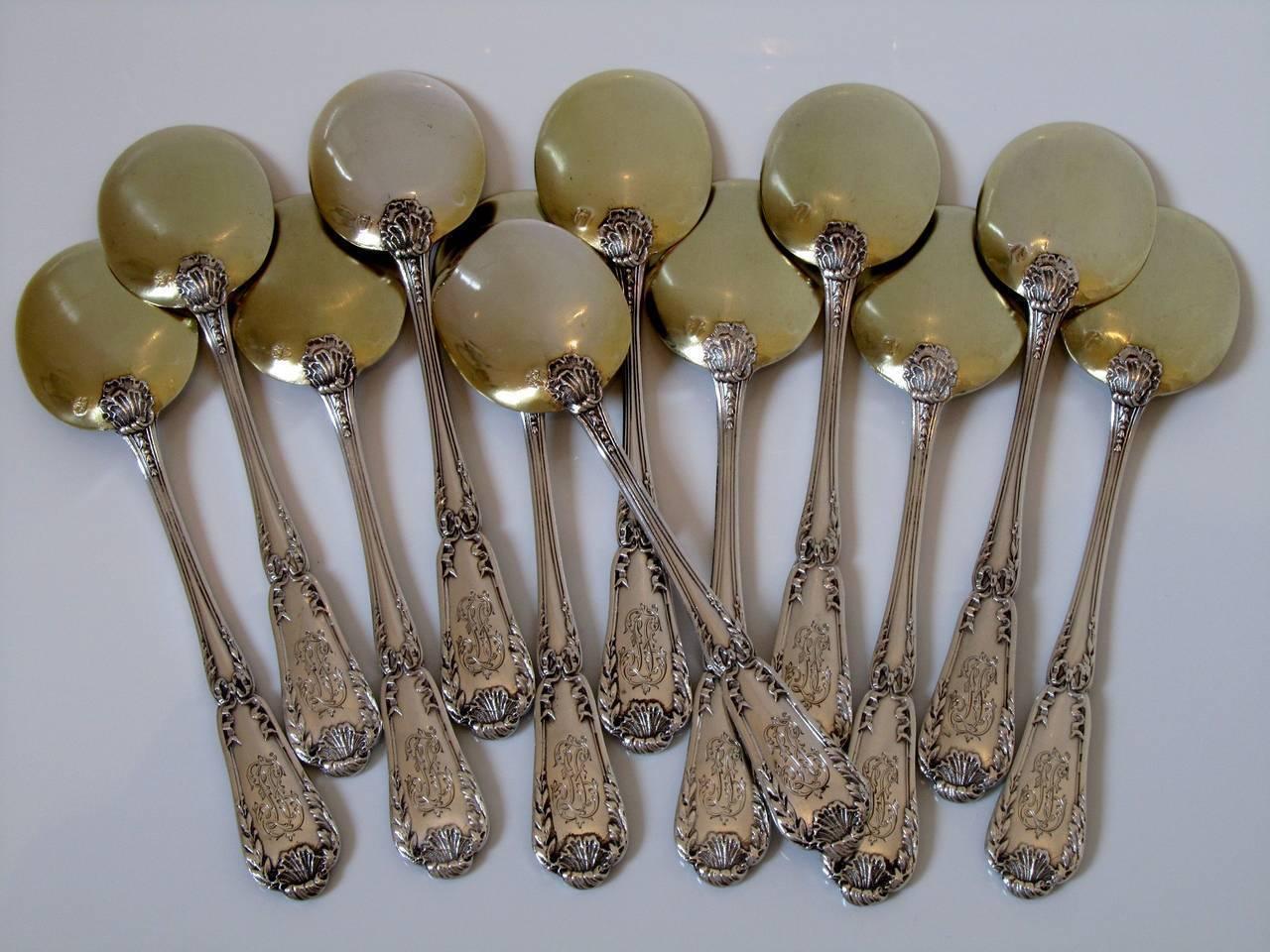 Neoclassical French Sterling Silver 18K Gold Ice Cream Spoons 12-Pieces Set Puiforcat Model