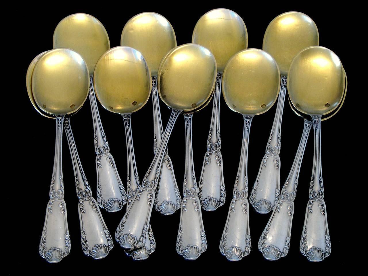 French Sterling Silver 18K Gold Ice Cream Spoons 12-Pieces Set Puiforcat Model In Excellent Condition In TRIAIZE, PAYS DE LOIRE