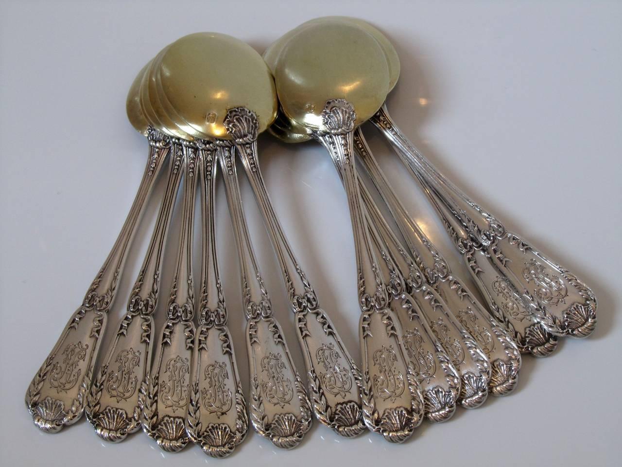 Late 19th Century French Sterling Silver 18K Gold Ice Cream Spoons 12-Pieces Set Puiforcat Model