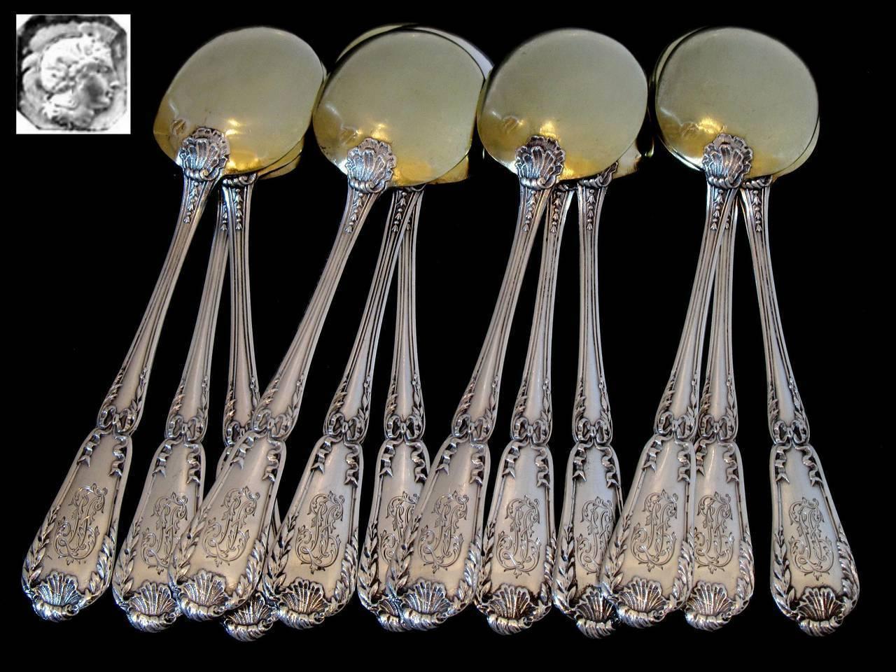 French Sterling Silver 18K Gold Ice Cream Spoons 12-Pieces Set Puiforcat Model 1