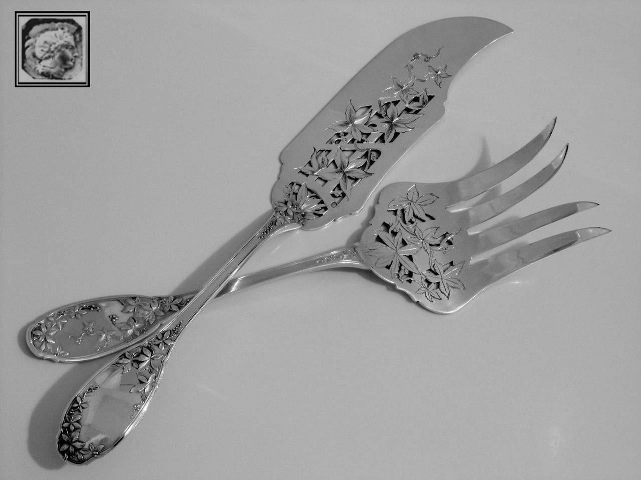 Art Nouveau Fabulous French All Sterling Silver Fish Servers Two Pieces Vine Leaves Pattern