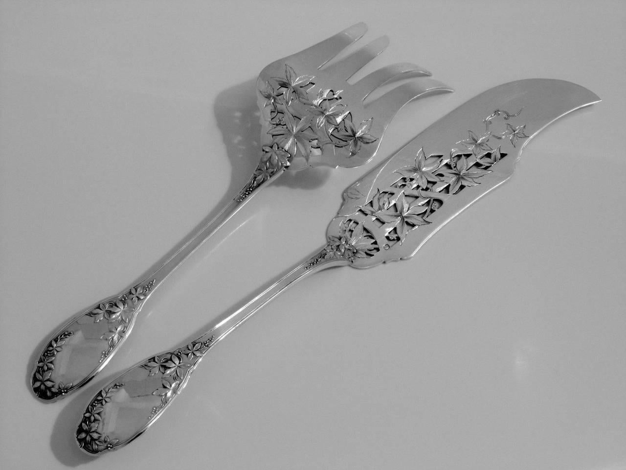 Fabulous French All Sterling Silver Fish Servers Two Pieces Vine Leaves Pattern 2