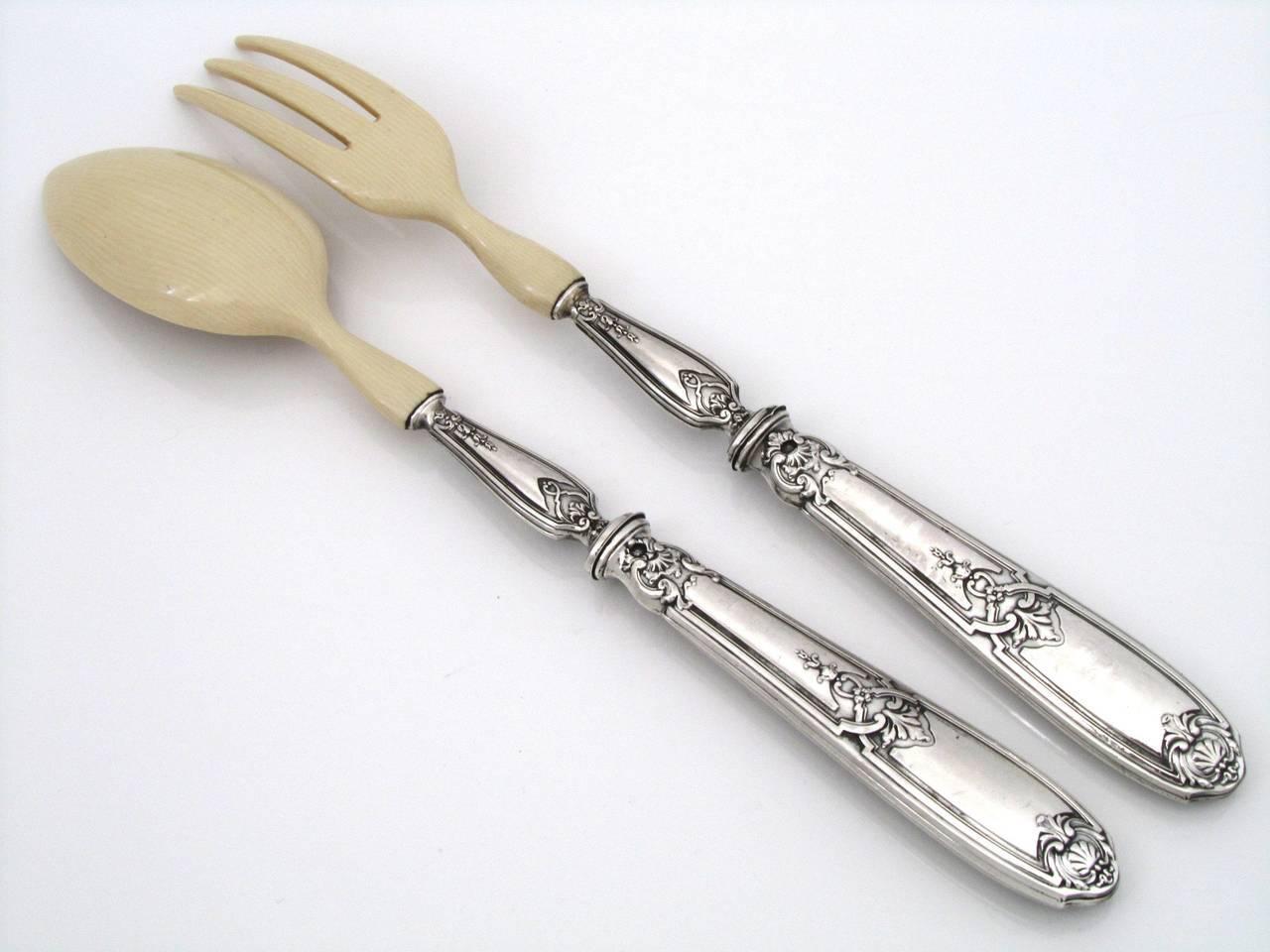 Early 20th Century French Sterling Silver Salad Serving Set of Two Pieces with Original Box Regency For Sale