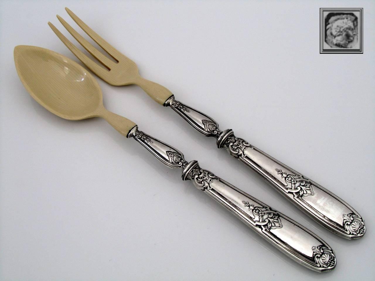 French Sterling Silver Salad Serving Set of Two Pieces with Original Box Regency For Sale 1
