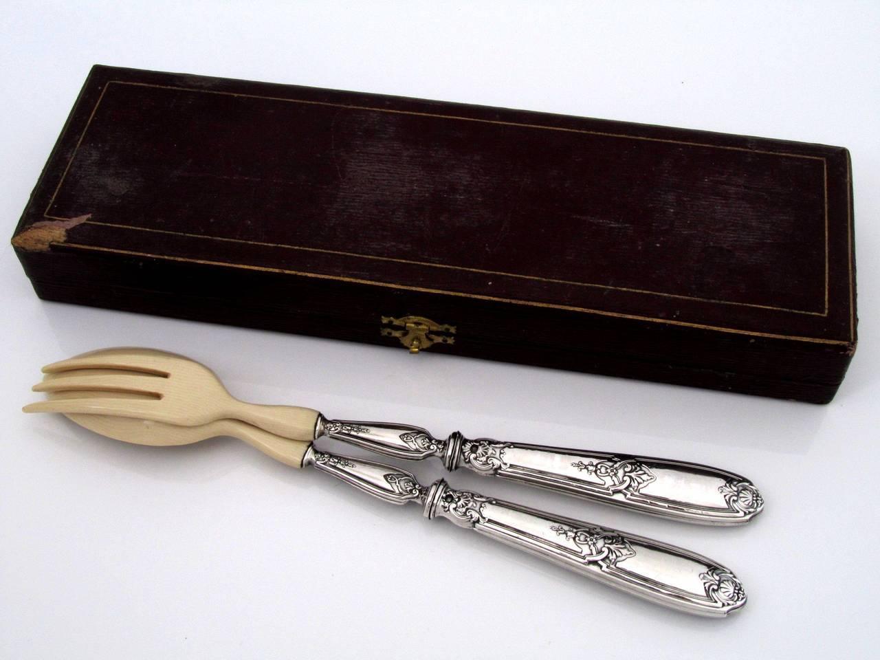 French Sterling Silver Salad Serving Set of Two Pieces with Original Box Regency For Sale 2