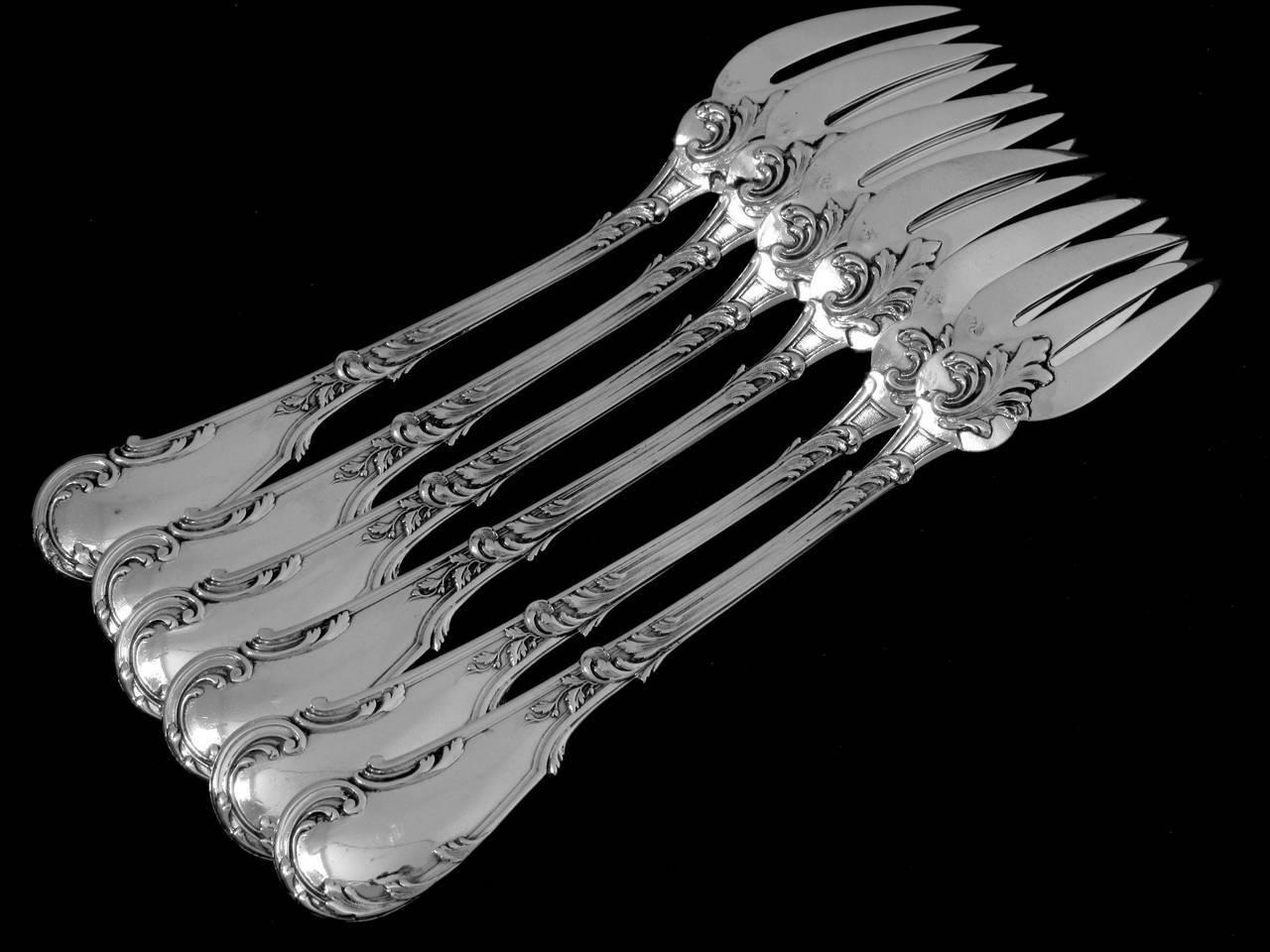 Late 19th Century Fouquet-Lapar French All Sterling Silver Fish Flatware Set of 12 Pieces, Rococo For Sale