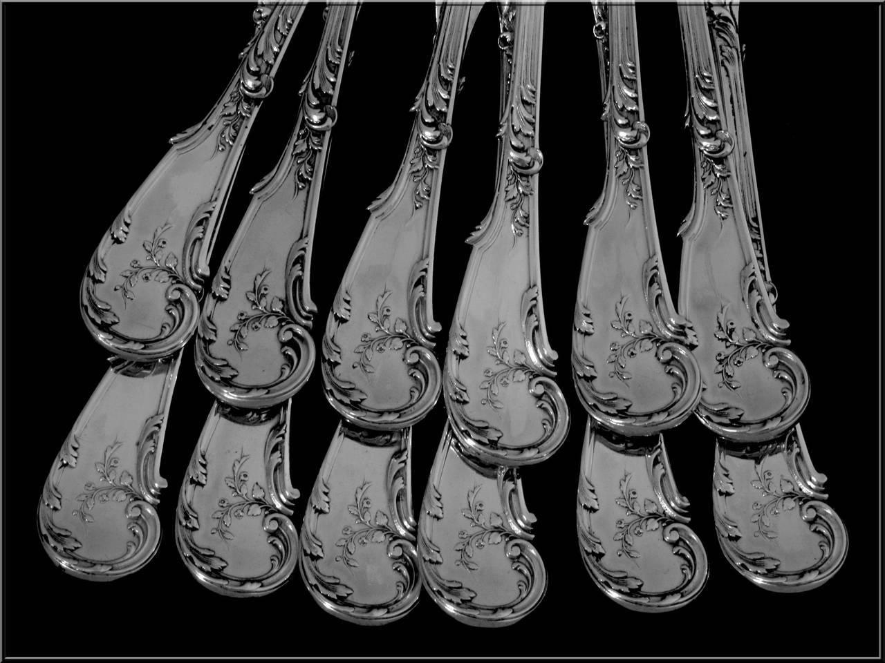 Fouquet-Lapar French All Sterling Silver Fish Flatware Set of 12 Pieces, Rococo For Sale 1