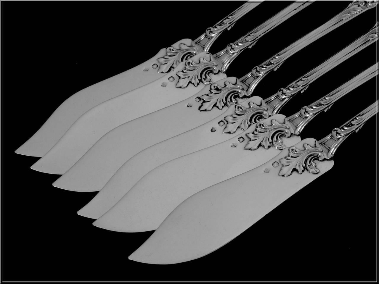 Fouquet-Lapar French All Sterling Silver Fish Flatware Set of 12 Pieces, Rococo For Sale 2