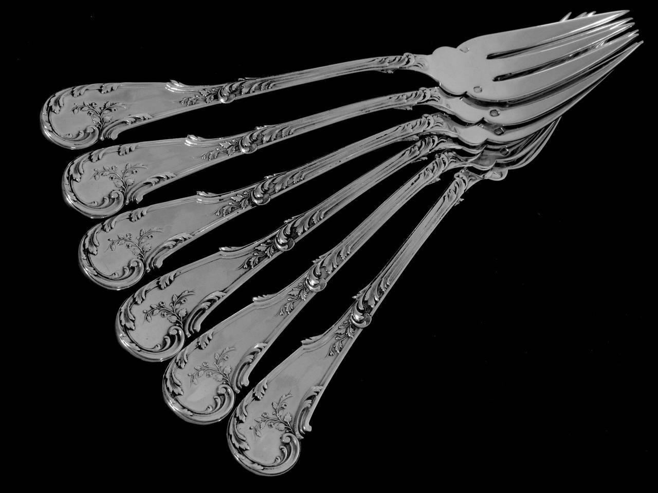 Fouquet-Lapar French All Sterling Silver Fish Flatware Set of 12 Pieces, Rococo For Sale 3