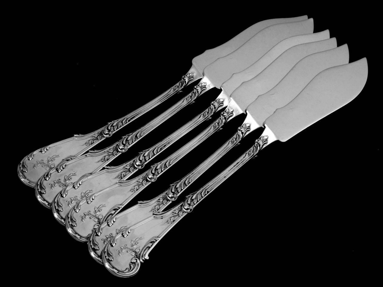 Fouquet-Lapar French All Sterling Silver Fish Flatware Set of 12 Pieces, Rococo For Sale 4