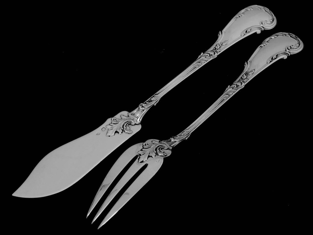 Fouquet-Lapar French All Sterling Silver Fish Flatware Set of 12 Pieces, Rococo For Sale 5