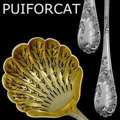 Puiforcat French Sterling Silver 18-Karat Gold Sugar Sifter Spoon Rococo