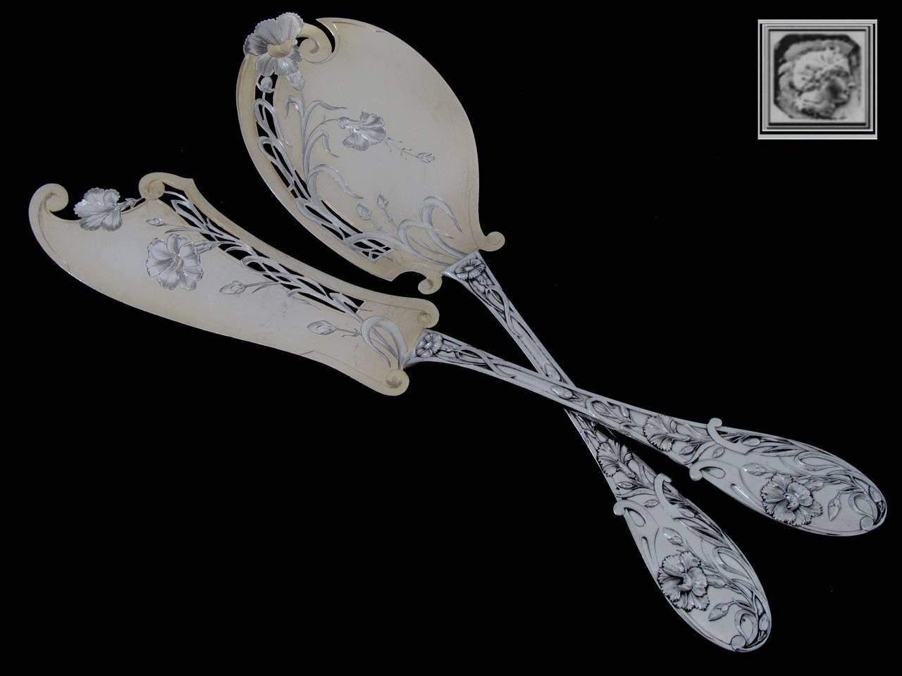 Late 19th Century Labat French All Sterling Silver 18-Karat Gold Ice Cream Set, Art Nouveau