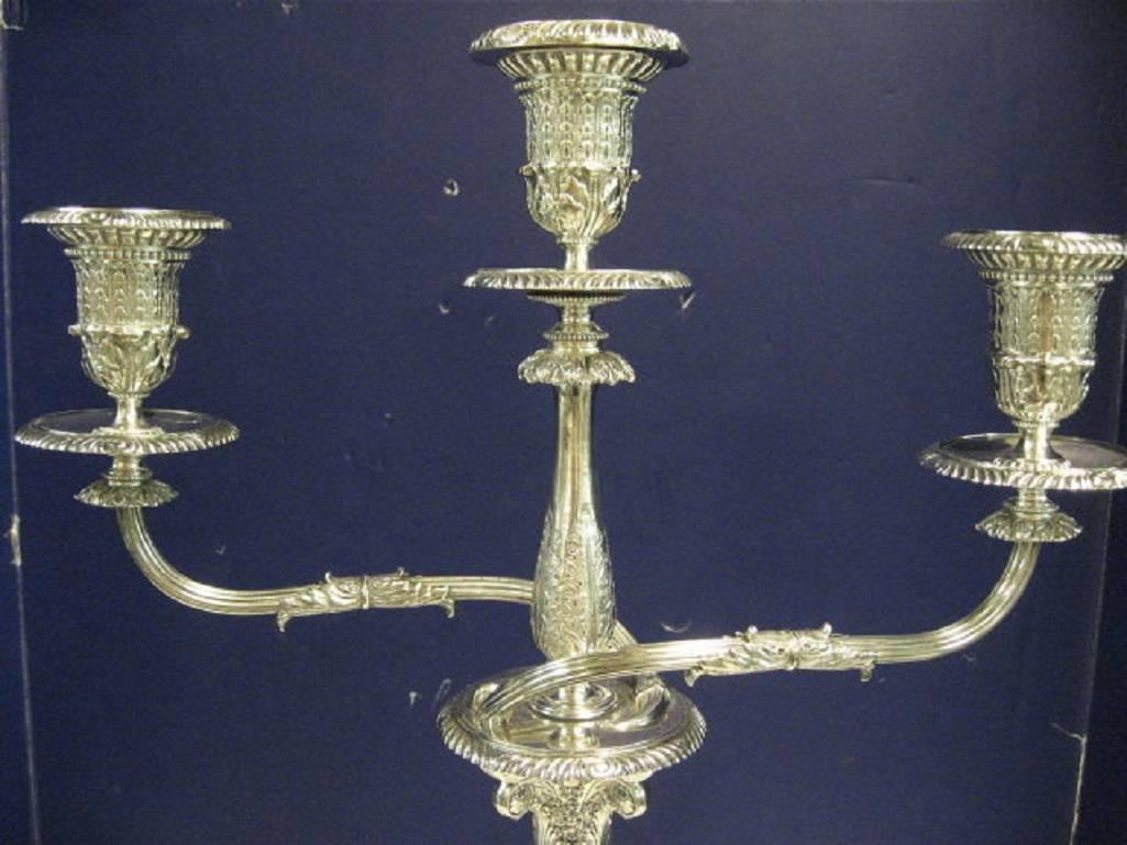 Exceptional quality pair of decorative, antique English, Sheffield silver plated three-light candelabra. Made by Horace Woodward & Co, Birminghgam England, circa 1890.

Measures: 4 3/4