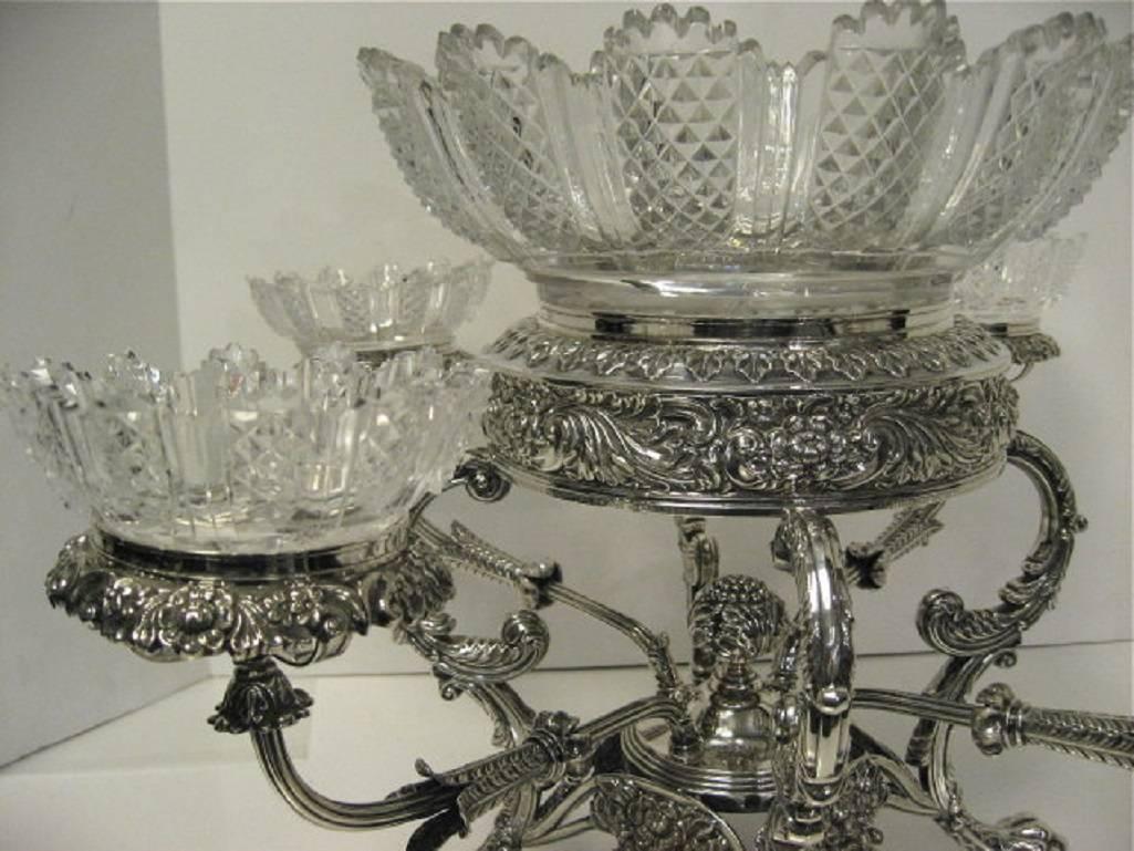 English Georgian, Sterling Silver and Crystal Epergne/Centerpiece, 1816