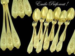 Puiforcat French Sterling Silver 18-Karat Gold Flatware Set of 12 Pieces