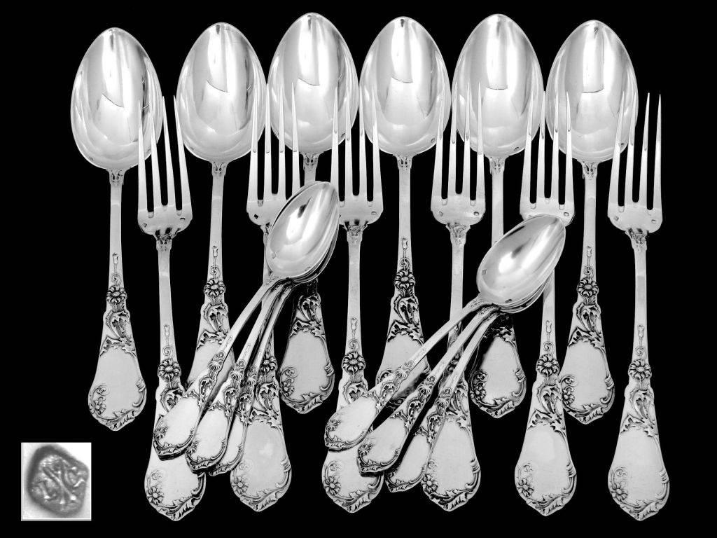 Coignet French Sterling Silver Dinner Flatware Set 18 Pieces Art Nouveau In Good Condition In TRIAIZE, PAYS DE LOIRE