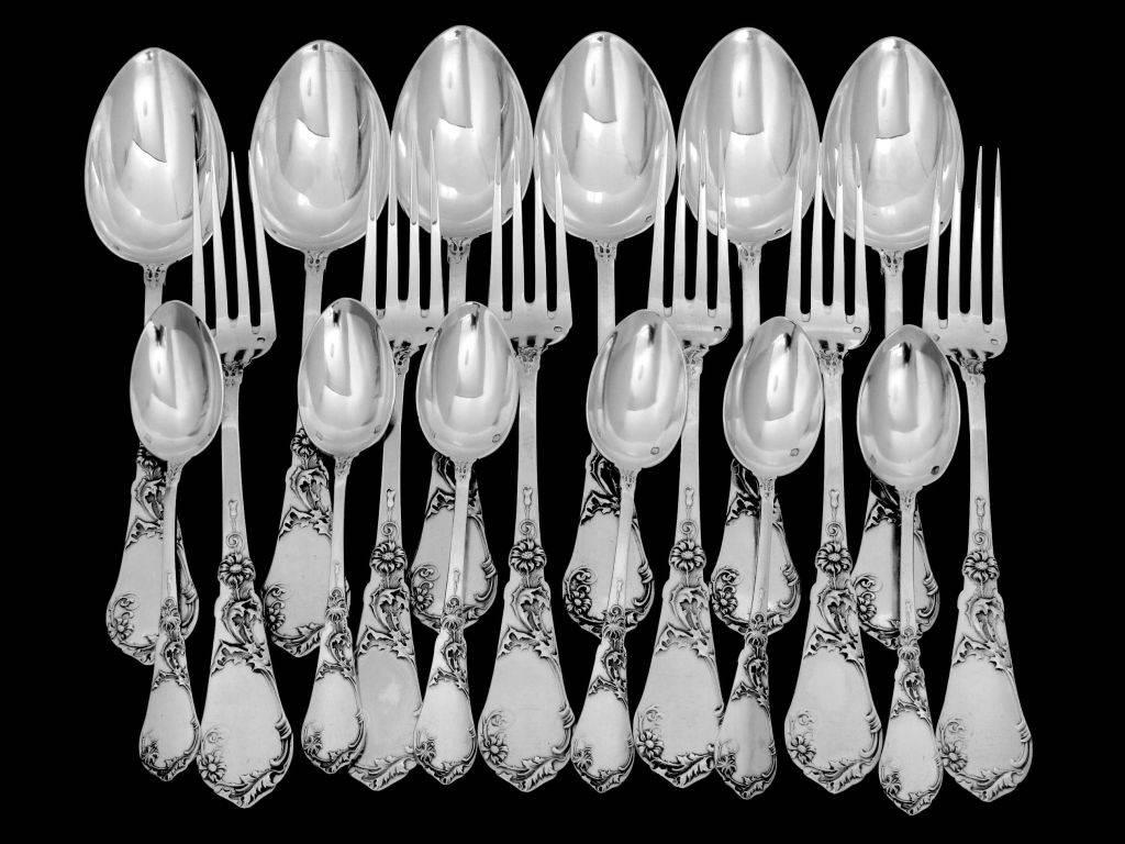 Late 19th Century Coignet French Sterling Silver Dinner Flatware Set 18 Pieces Art Nouveau