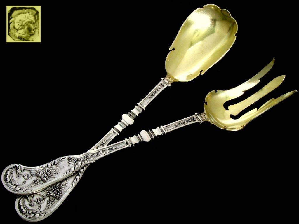 Soufflot French Sterling Silver 18-Karat Gold Salad Serving Set Box Cornucopia 2