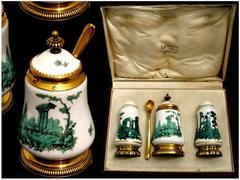 French Sterling Silver 18-Karat Gold Sevres Porcelain Condiment Set with Box