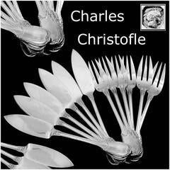 Christofle Rare French Sterling Silver Fish Flatware Set 12 Pieces neoclassical