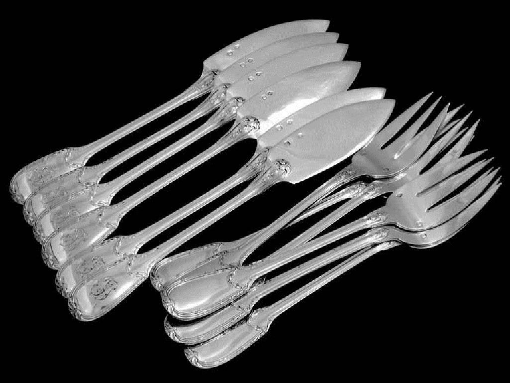 Neoclassical Christofle Rare French Sterling Silver Fish Flatware Set 12 Pieces neoclassical