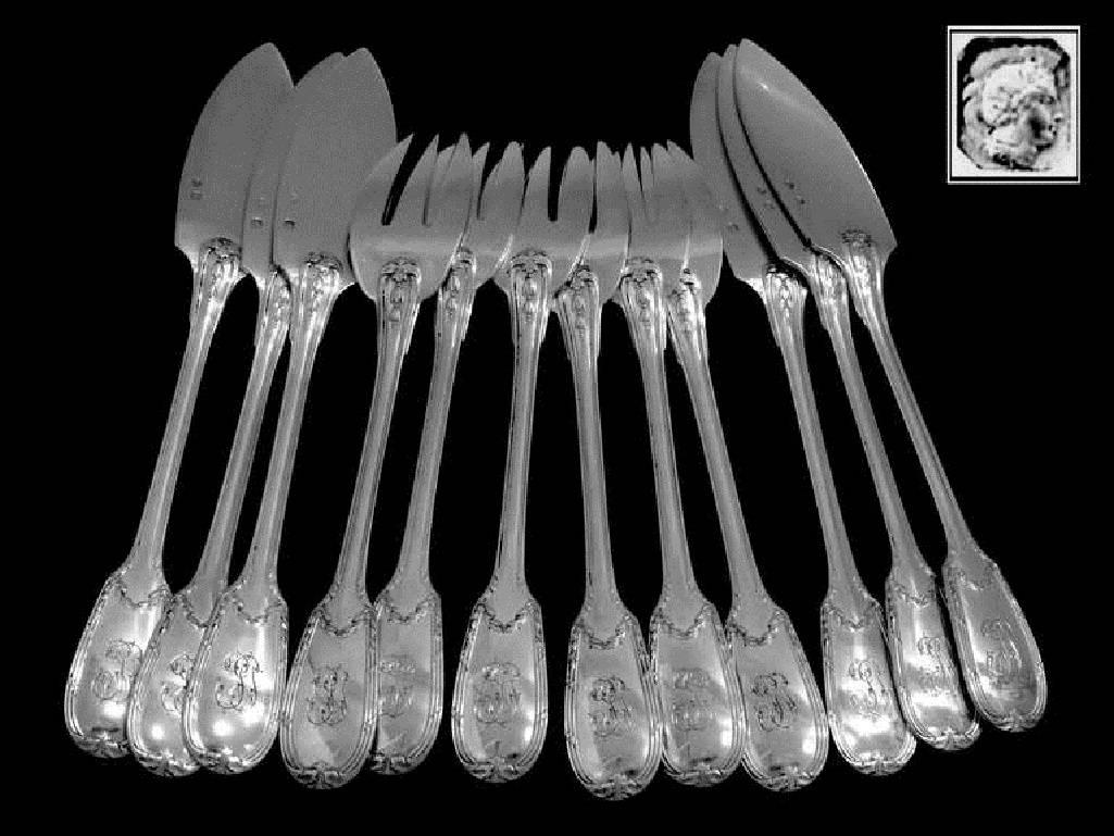 Christofle Rare French Sterling Silver Fish Flatware Set 12 Pieces neoclassical 2