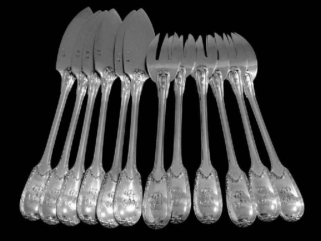 Christofle Rare French Sterling Silver Fish Flatware Set 12 Pieces neoclassical 3