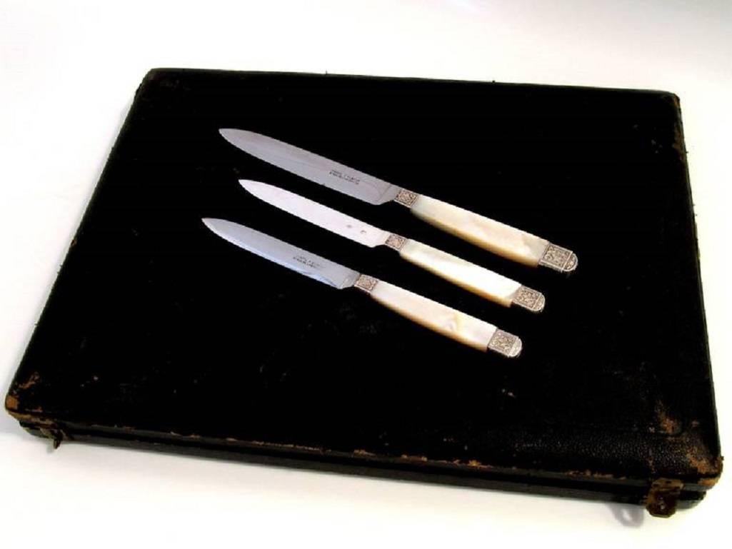 Piault French Sterling Silver Mother-of-Pearl Table Knife Set of 54 Pieces Box In Excellent Condition In TRIAIZE, PAYS DE LOIRE