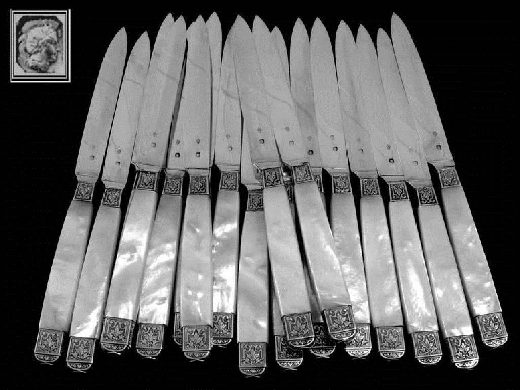 19th Century Piault French Sterling Silver Mother-of-Pearl Table Knife Set of 54 Pieces Box