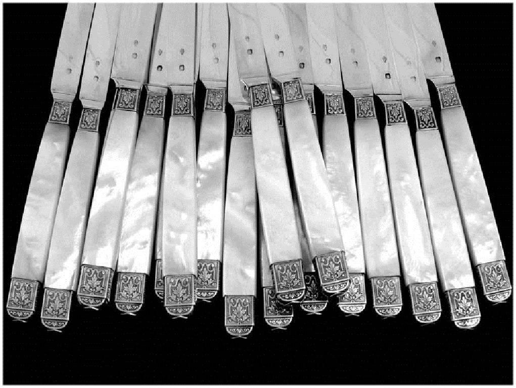 Piault French Sterling Silver Mother-of-Pearl Table Knife Set of 54 Pieces Box 1