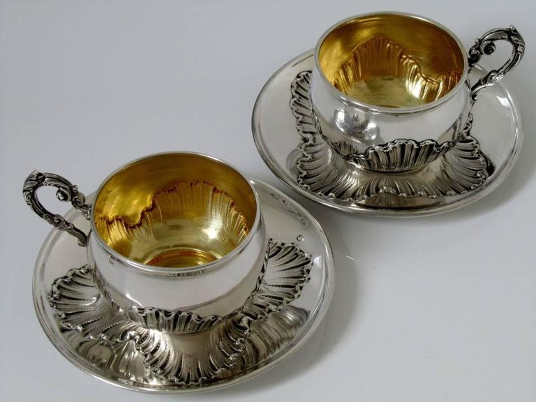 Pair of French Sterling Silver 18Karat Gold Coffee/Tea Cups with Saucers Rococo at 1stdibs