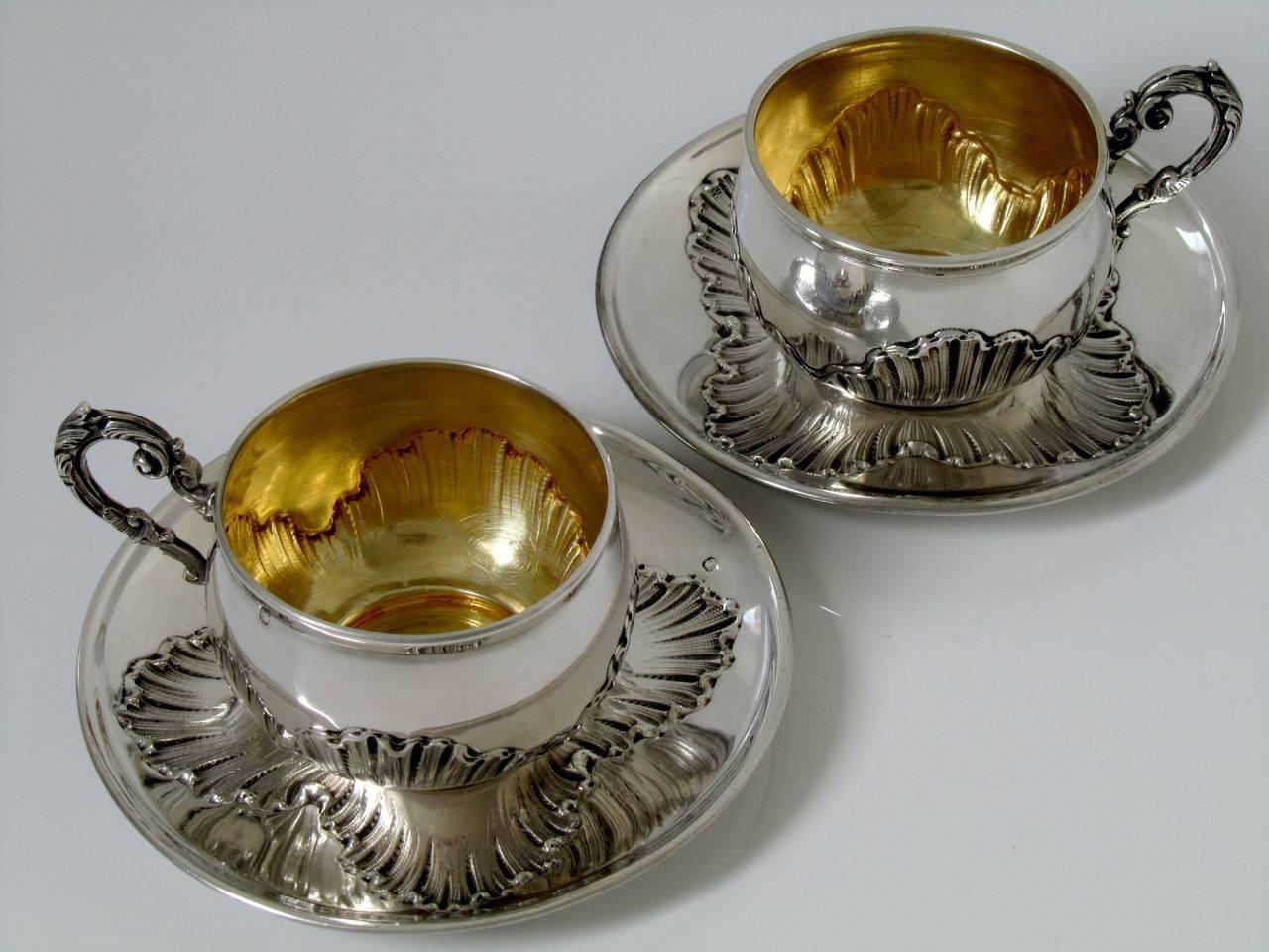 Pair of French Sterling Silver 18-Karat Gold Coffee/Tea Cups with Saucers Rococo 1