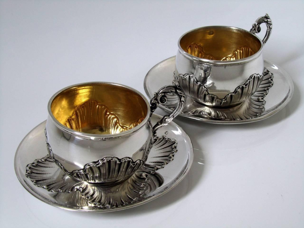 Pair of French Sterling Silver 18Karat Gold Coffee/Tea Cups with