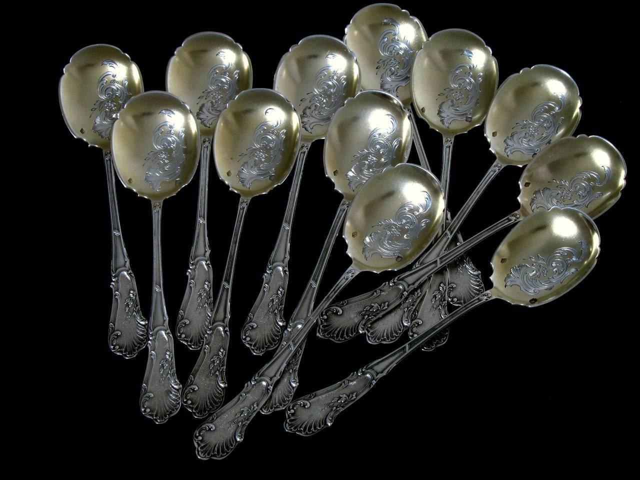Soufflot French Sterling Silver 18-Karat Gold Ice Cream Spoons Set 12 Pcs Rococo In Excellent Condition In TRIAIZE, PAYS DE LOIRE