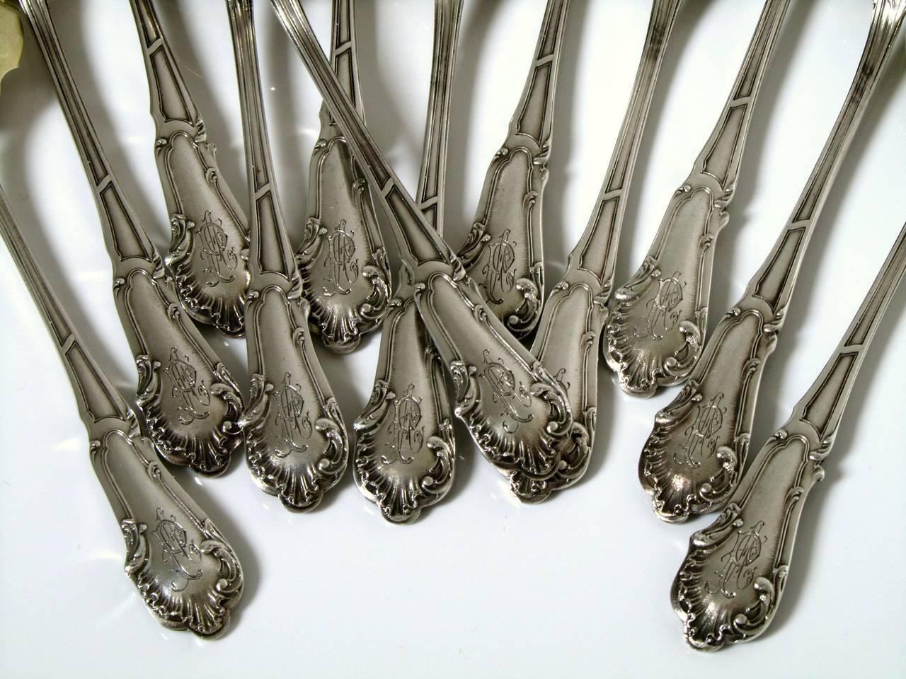 Late 19th Century Soufflot French Sterling Silver 18-Karat Gold Ice Cream Spoons Set 12 Pcs Rococo
