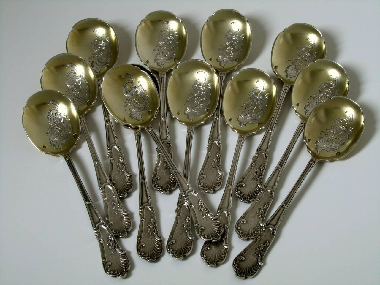 Soufflot French Sterling Silver 18-Karat Gold Ice Cream Spoons Set 12 Pcs Rococo 1