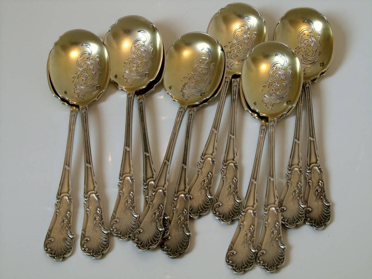 Soufflot French Sterling Silver 18-Karat Gold Ice Cream Spoons Set 12 Pcs Rococo 3