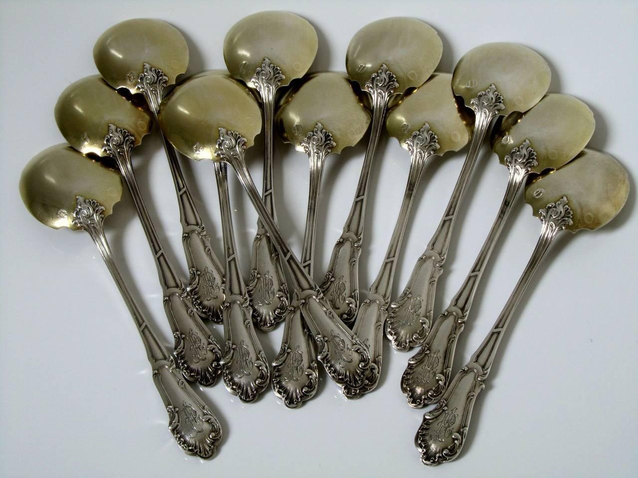 Soufflot French Sterling Silver 18-Karat Gold Ice Cream Spoons Set 12 Pcs Rococo 4